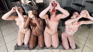 Four sluts with degrading body writing doing stupid things | face spitting | exercising - 7 image