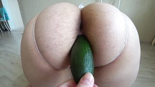 Mature lesbians fuck with big cucumber and shake big booty in panties doggy style. POV. Homemade fetish from a chubby milf. - 7 image