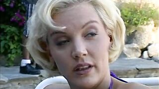 Blonde coeds get naked in pool then fuck each other - 2 image