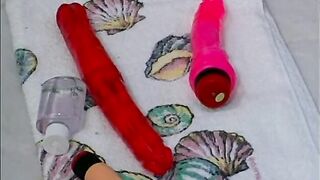 Hot ass blonde and black hair coed dildo fucking in shower - 12 image