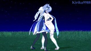 Lumine and Keqing engage in intense lesbian play in a meadow at night. - Genshin Impact Hentai - 2 image