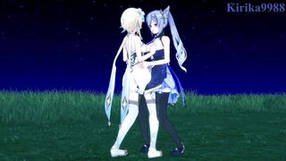 Lumine and Keqing engage in intense lesbian play in a meadow at night. - Genshin Impact Hentai - 3 image