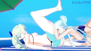 Saint-Germain and Cagliostro engage in intense lesbian play on the beach. - Symphogear Hentai - 10 image