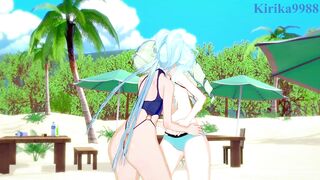 Saint-Germain and Cagliostro engage in intense lesbian play on the beach. - Symphogear Hentai