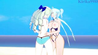Saint-Germain and Cagliostro engage in intense lesbian play on the beach. - Symphogear Hentai - 4 image