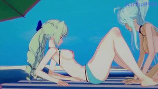 Saint-Germain and Cagliostro engage in intense lesbian play on the beach. - Symphogear Hentai - 9 image