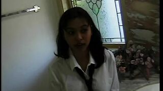 Busty coed lays across a table while getting her twat tasted from behind - 1 image