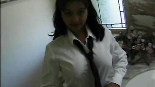 Busty coed lays across a table while getting her twat tasted from behind