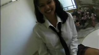 Busty coed lays across a table while getting her twat tasted from behind - 4 image