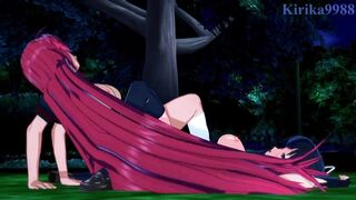 Asuka and Crimson Homura engage in intense lesbian play in a park at night. - Senran Kagura Hentai
