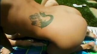 Busty babe relaxes outside while getting her pussy tasted - 5 image