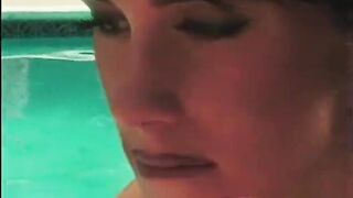 Naughty babe tastes her girlfriends wet pussy outside by the pool - 4 image