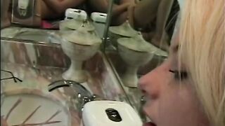 Sexy long haired brunette eats blonde's pussy then gets cunt licked in bathroom - 13 image