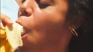 Naughty babe rubs banana on her tits while getting eaten out - 13 image