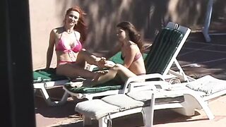 Poolside double penetration session for three gorgeous pussy eating lesbians - 1 image