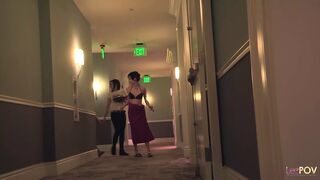 What an amazing threesome lesbian action with three stunning beauties and a big white strap on - 1 image