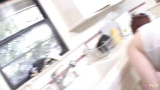 Redhead and blondie are rubbing with their big boobs in the kitchen area and their cunts get really wet - 4 image