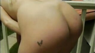 Slim blonde with amazing tits leans against a railing while getting eaten out - 14 image