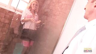 Lesbians Stacey Saran and Kat Lee playing in the shower get fucked in group sex - 3 image