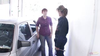 Fixing up a redhead lesbian girl in a car service by a blondie handywoman