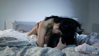 Short hair lesbian with big fake tits and a lot of tattoos fucks her cute friend in bedroom - 13 image