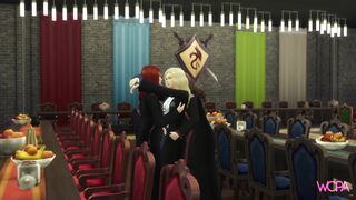 Naughty girls rubbing each other. Lesbians at the dinner table at Hogwarts. Hermione, Ginny and Luna