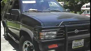 Redhead prostitute licks brunettes pussy outside - 1 image