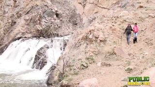 PUBLIC HANDJOBS Miatsu Kumiko and Laura Coryander jerk a horny hiker at a state park - 2 image