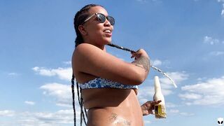 Khalessi 69 eats her Ebony brunette friend completely and has a quick interview casting on the beach 4K - 2 image