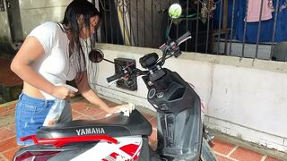 My neighbor washes her motorcycle I invite her to have a drink and I get very horny and I tell her that I want to lick h - 1 image