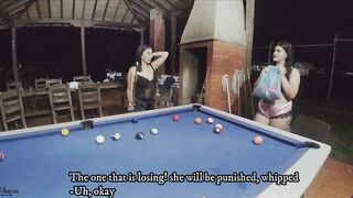 Sexy and naughty Latina lesbians with sex toys eating their pussies on the pool table- Spanish Porn - 2 image