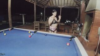 Sexy and naughty Latina lesbians with sex toys eating their pussies on the pool table- Spanish Porn - 4 image