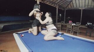 Sexy and naughty Latina lesbians with sex toys eating their pussies on the pool table- Spanish Porn - 6 image