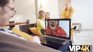 VIP4K. While man talks on a video call three ladies enjoy lesbian 3some - 3 image
