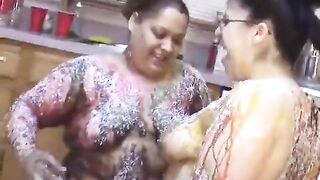 Fat and BBW latinas use creams on their bodies in the kitchen - 15 image