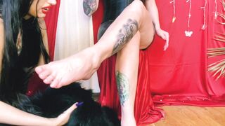 Foot fetish. Washing Dominatrix's legs and feet, wiping her feet with fur. - 15 image
