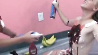 Lusty housewives get bored and play with ice cream toppings on big tits - 5 image