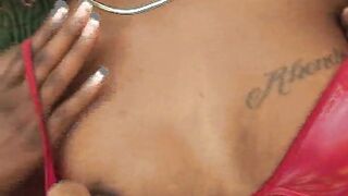 Two tattooed ebony babes fuck with a black strap on and a big double ended dildo - 5 image