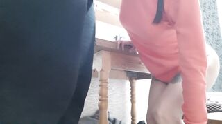 Two stepsisters masturbate in the kitchen and cum twice at the same time while their parents are in the other room - 15 image