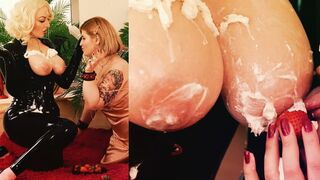 Lesbian Romantic Fuck: Latex and Whipped Cream, Big Boobs and Moans, Foot Fetish and Shiny Clothes! Arya Grander - 1 image