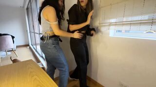 My lover touches me under my pants and gives me intense tribbing that makes me come