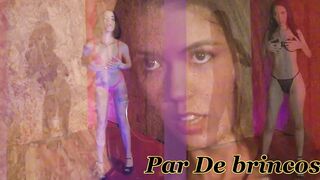 Two naughty girls facing a giant toy