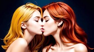Cute sex-hungry lesbians engage in a heated kiss of passionate lust (Over 18) (3D) (AI-generated) - 1 image