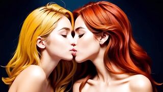 Cute sex-hungry lesbians engage in a heated kiss of passionate lust (Over 18) (3D) (AI-generated)