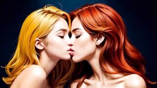 Cute sex-hungry lesbians engage in a heated kiss of passionate lust (Over 18) (3D) (AI-generated) - 2 image