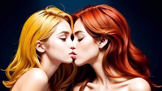 Cute sex-hungry lesbians engage in a heated kiss of passionate lust (Over 18) (3D) (AI-generated) - 3 image