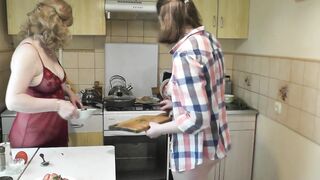 Sexy blonde milf and beautiful brunette girl in the kitchen without panties. Stockings transparent negligee. Nudists. Ass. Pussy - 13 image