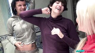 Watch Evita De Luna, Jenny Up Destroy & Conrad Son get their tight assholes destroyed by a strap-on in a hot lesbian threesome