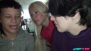 Watch Evita De Luna, Jenny Up Destroy & Conrad Son get their tight assholes destroyed by a strap-on in a hot lesbian threesome