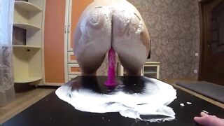 Lesbians POV and gorgeous Butt in sweet cream instead of a festive dessert in the New Year. Homemade fetish with hairy pussy. - 10 image